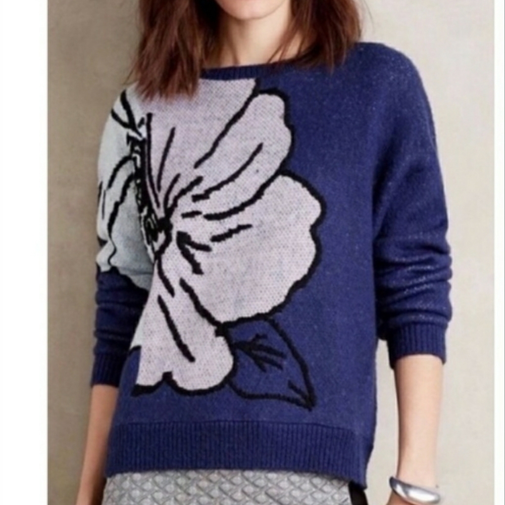 Anthropologie HWR Blue Flower Sweater Size Large